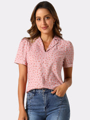 Short Sleeve Casual Cherry Print Notched Lapel Collar Shirt Blouse