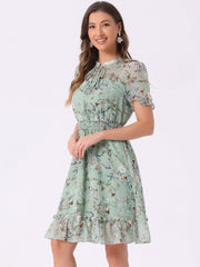 Floral Smocked Tie Neck Puff Sleeve Ruffle Chiffon Tiered Dress