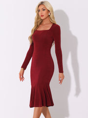 Square Neck Long Sleeve Bodycon Fishtail Midi Dress