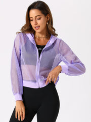 Zip Up Long Sleeve Mesh Sheer Hoodie Bomber Jackets
