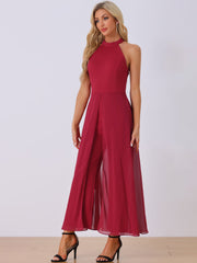 Sleeveless Halter Neck Belted Elegant Wedding Cocktail Dressy Jumpsuits