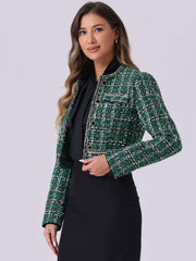 Stand Collar Double Breasted Elegant Plaid Tweed Crop Jacket