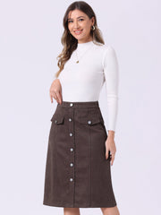 High Waist Faux Suede Knee Length A-Line Skirt