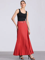 Flowy Pleated Elastic High Waist Belted Swing A-line Maxi Skirt