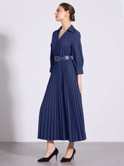 Collar V Neck Belted Dressy Casual Pleated Maxi Dress