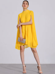 Loose Flowy Cloak Sleeve Cape Pleated Chiffon Mini Dress