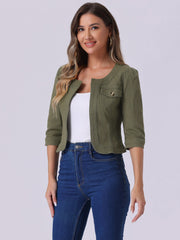 Denim Collarless Pockets 3/4 Sleeve Feminine Style Jacket