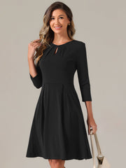 3/4 Sleeve Pleated Keyhole Pockets A-Line Above Knee Dress