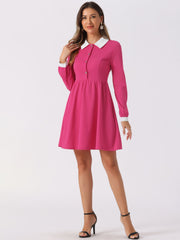 Contrast Color Puff Long Sleeve Collared Flare Short Dress