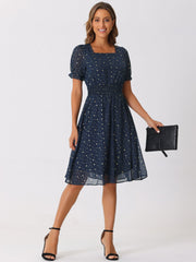 Square Neck Metallic Stars Ruffle Short Sleeve A-Line Smocked Waist Midi Dress