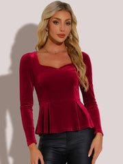 Velvet Blouse Elegant Sweetheart Neck Long Sleeve Peplum Top