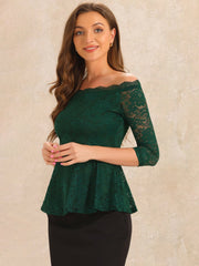Elegant Lace Blouse Semi Sheer 3/4 Sleeve Off Shoulder Peplum Top