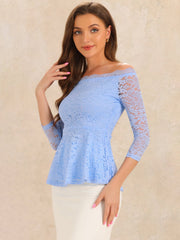 Elegant Lace Blouse Semi Sheer 3/4 Sleeve Off Shoulder Peplum Top