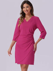 3/4 Sleeve Solid Color Ruched V Neck Midi Sheath Dress