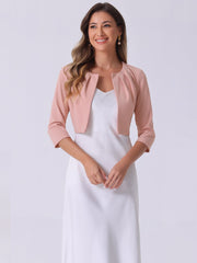 3/4 Sleeve Collarless Pleated Open Front Shrugs