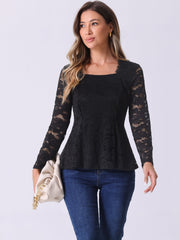 Lace Square Neck Long Sleeve Stertch Peplum Blouse