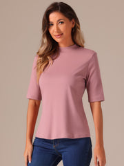Mock Neck Solid Color Short Sleeves Casual T-shirts