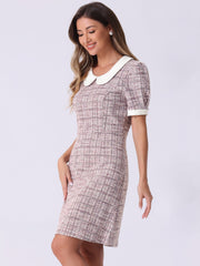 Tweed Peter Pan Collar Puff Short Sleeve A-line Midi Dress