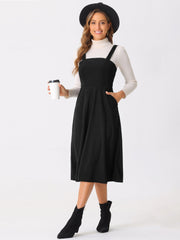 Corduroy Pockets A-Line Sleeveless Casual Midi Pinafore Dress