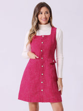 Tweed Sleeveless Button Up Pockets A-Line Pinafore Overall Dress