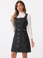 Tweed Sleeveless Button Up Pockets A-Line Pinafore Overall Dress