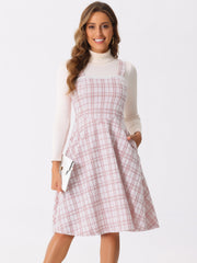 Tweed Plaid Sleeveless Pockets A-Line Pinafore Overall Dress