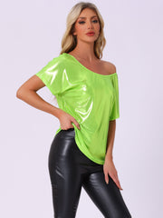 Metallic Off Shoulder Short Sleeve Loose Party Sparkly Blouse