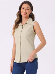 Denim Button Down Sleeveless Lapel V Neck Chambray Tunic Top