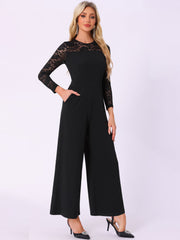 Crew Neck Mesh Lace Sleeve Wide Leg Jumpsuit