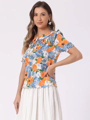 Peter Pan Collar Puff Short Sleeve Ruffle Smocked Floral Blouse