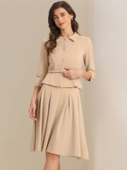 2 Piece 3/4 Sleeve Cropped Belted Blazer and Pleated Skirt Business Suit Sets