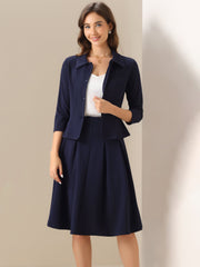2 Piece 3/4 Sleeve Cropped Belted Blazer and Pleated Skirt Business Suit Sets