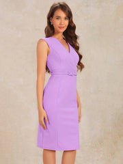 Solid Color V Neck Sleeveless Belted Business Office Midi Sheath Dress