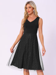 V Neck Sleeveless Glitter Midi A-Line Dress