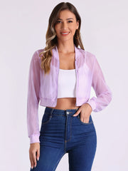 Bomber Long Sleeve Crop Mesh Sheer Zip Up Jackets