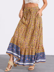 Boho Casual Bohemian Floral Printed Elastic Waist Maxi Skirt