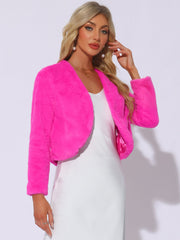 Faux Fur Long Sleeve Open Front Bolero Winter Coat Cropped Jacket