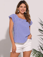 Square Neck Short Sleeves Gingham Plaid Blouse
