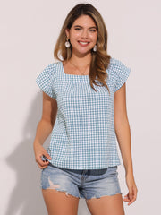Square Neck Short Sleeves Gingham Plaid Blouse
