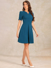 Elegant Short Puff Sleeve V Neck A-Line Zipper Side Office Dress