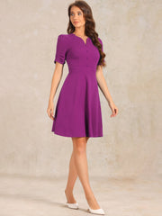 Elegant Short Puff Sleeve V Neck A-Line Zipper Side Office Dress