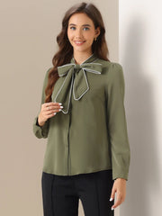 Tie Neck Contrast Color Button Down Long Sleeve Shirt