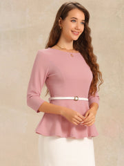 3/4 Sleeve Belted Peplum Elegant Business Work Blouse