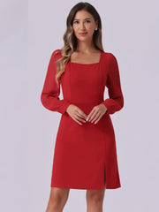 Elegant Mesh Sleeve Split Side A-Line Casual Square Neck Dress