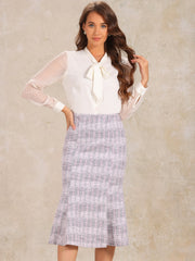 Plaid Belted Fishtail Bodycon Tweed Midi Skirt