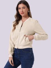 Faux Suede Crop Stand Collar Zip Up Biker Moto Bomber Jackets