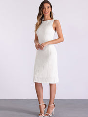 Sleeveless Boat Neck Textured Midi Sheath Dress