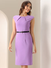 Elegant Business Cap Sleeve Belted Pencil Work Sheath Dress