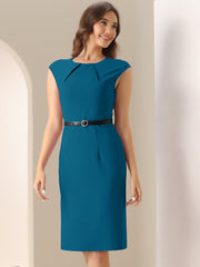 Elegant Business Cap Sleeve Belted Pencil Work Sheath Dress