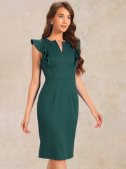 Ruffles V Neck Split Work Pencil Sleeveless Sheath Dress